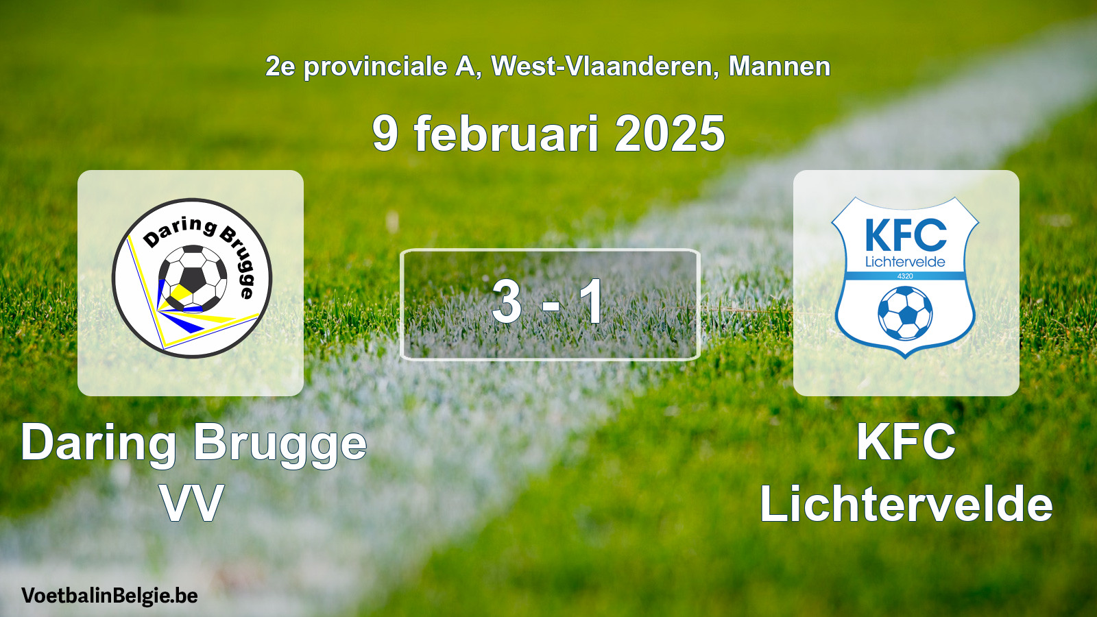 Gespeelde wedstrijd mannenvoetbal: Daring Brugge VV - KFC Lichtervelde 3 - 1 (9 februari 2025)