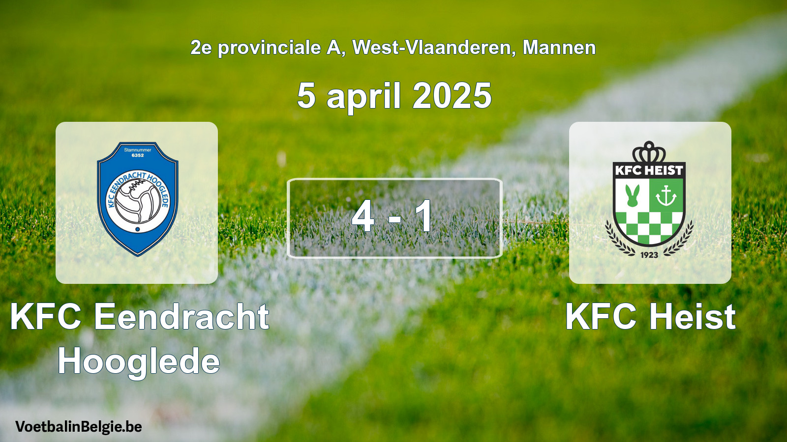 Gespeelde wedstrijd mannenvoetbal: KFC Eendracht Hooglede - KFC Heist 4 - 1 (5 april 2025)