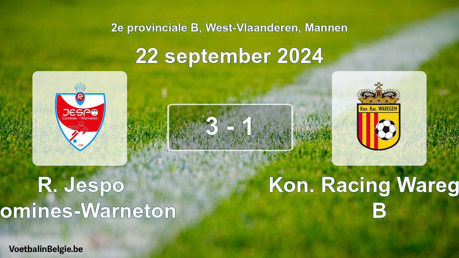 Gespeelde wedstrijd mannenvoetbal: R. Jespo Comines-Warneton - Kon. Racing Waregem B 3 - 1 (22 september 2024)