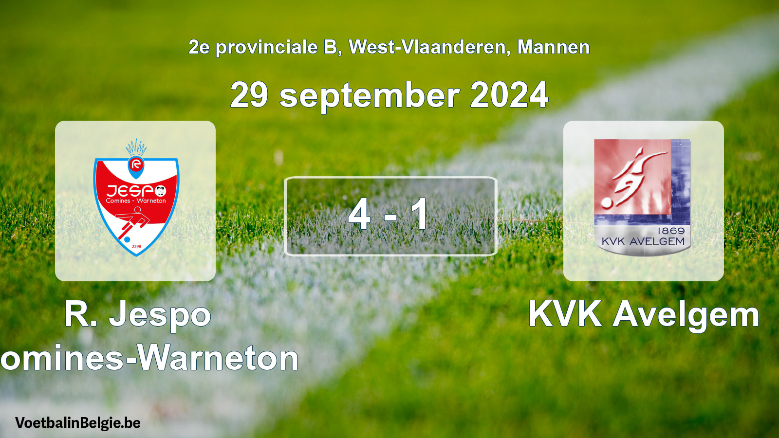 Gespeelde wedstrijd mannenvoetbal: R. Jespo Comines-Warneton - KVK Avelgem 4 - 1 (29 september 2024)
