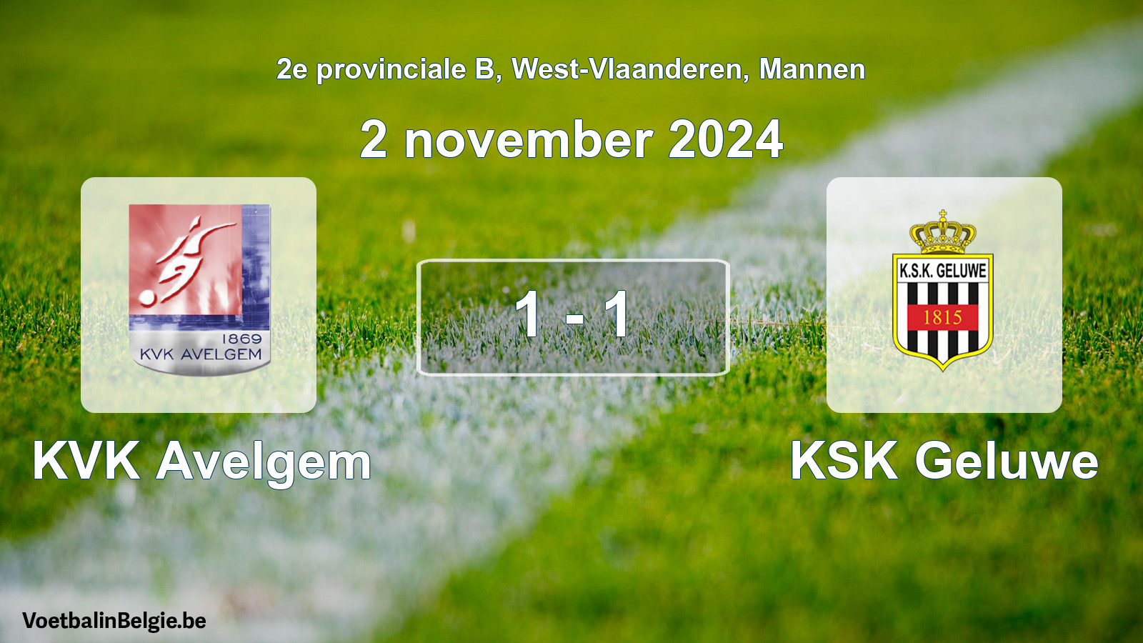 Gespeelde wedstrijd mannenvoetbal: KVK Avelgem - KSK Geluwe 1 - 1 (2 november 2024)