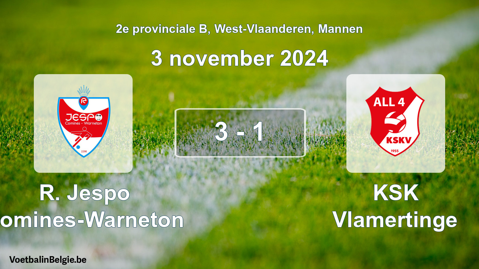 Gespeelde wedstrijd mannenvoetbal: R. Jespo Comines-Warneton - KSK Vlamertinge 3 - 1 (3 november 2024)