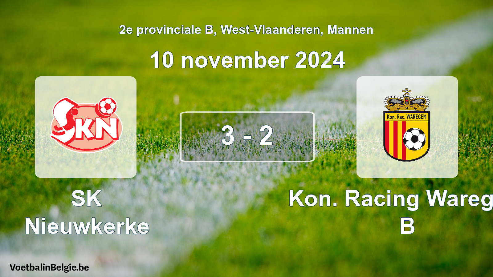 Gespeelde wedstrijd mannenvoetbal: SK Nieuwkerke - Kon. Racing Waregem B 3 - 2 (10 november 2024)