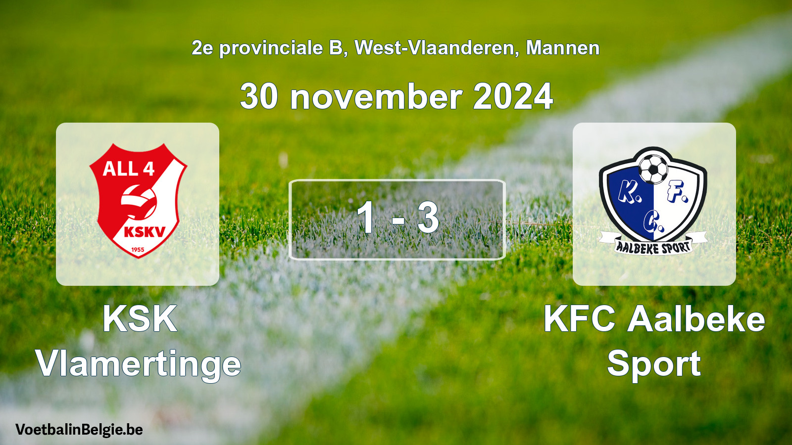 Gespeelde wedstrijd mannenvoetbal: KSK Vlamertinge - KFC Aalbeke Sport 1 - 3 (30 november 2024)