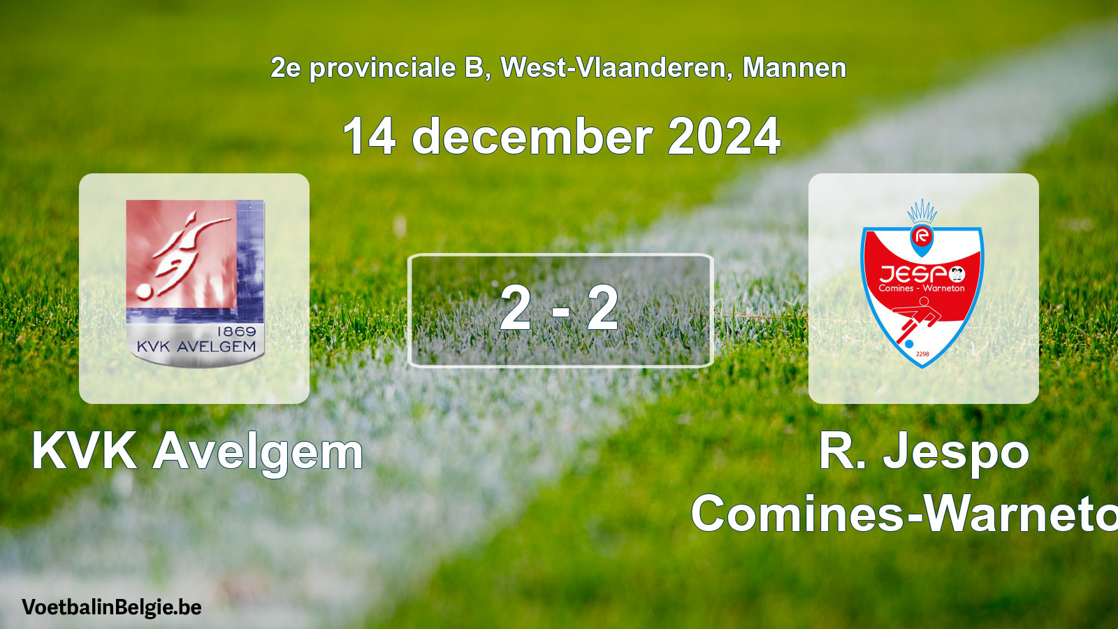 Gespeelde wedstrijd mannenvoetbal: KVK Avelgem - R. Jespo Comines-Warneton 2 - 2 (14 december 2024)