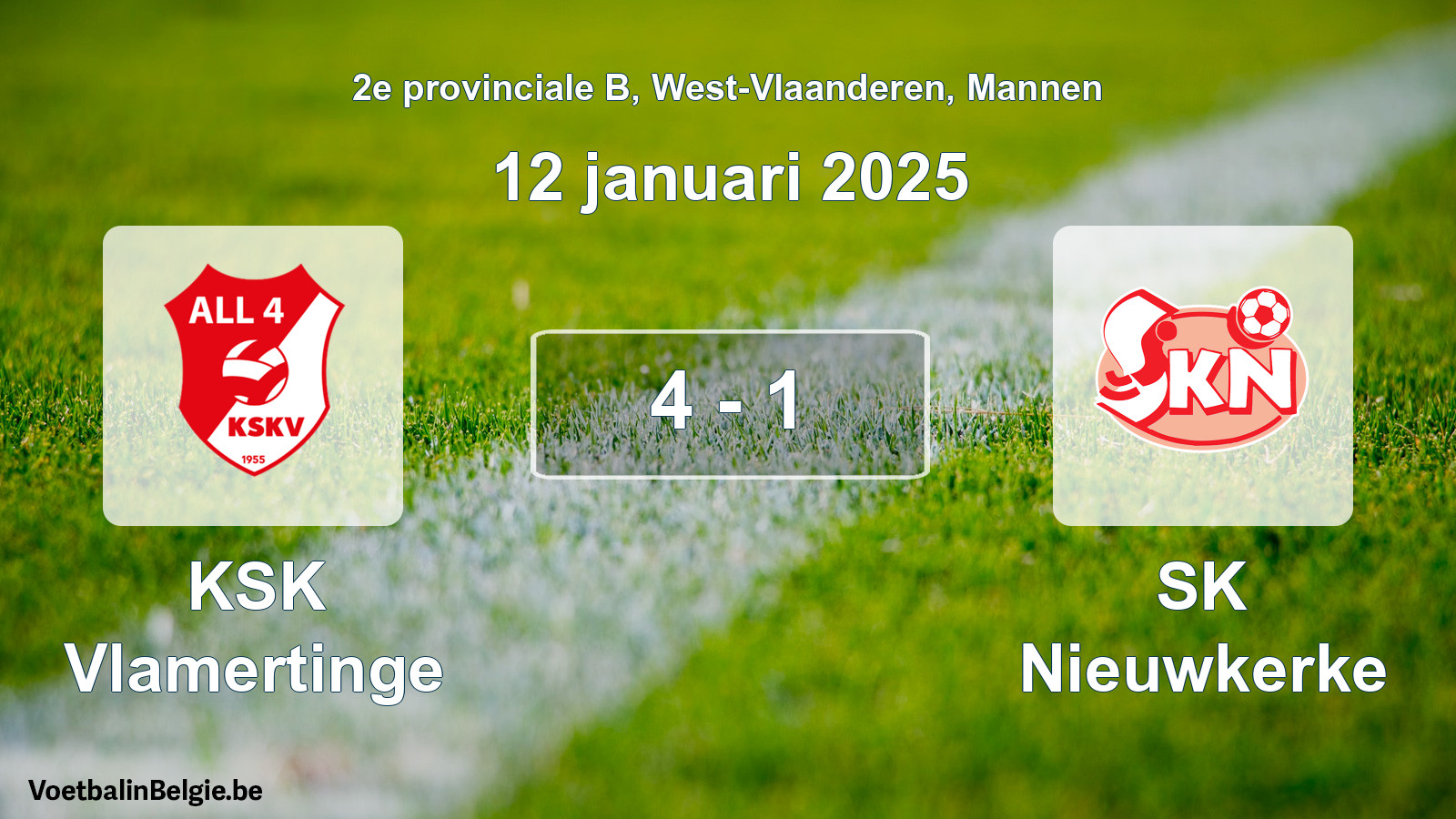Gespeelde wedstrijd mannenvoetbal: KSK Vlamertinge - SK Nieuwkerke 4 - 1 (12 januari 2025)