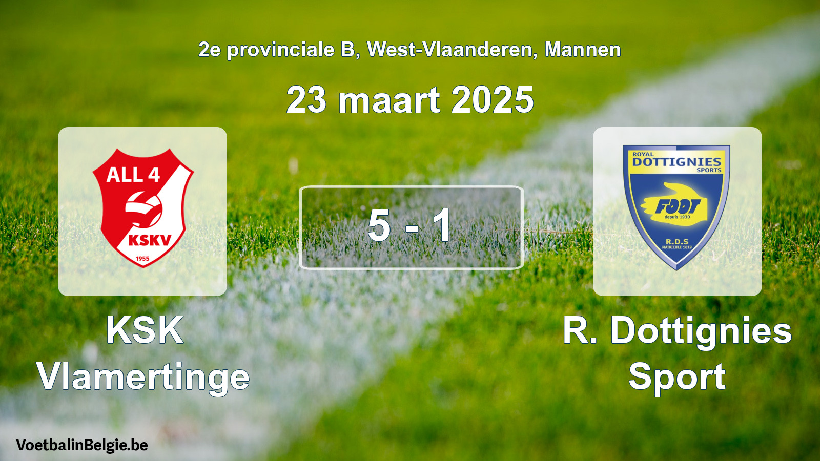 Gespeelde wedstrijd mannenvoetbal: KSK Vlamertinge - R. Dottignies Sport 5 - 1 (23 maart 2025)