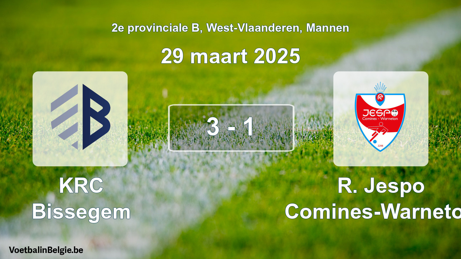 Gespeelde wedstrijd mannenvoetbal: KRC Bissegem - R. Jespo Comines-Warneton 3 - 1 (29 maart 2025)
