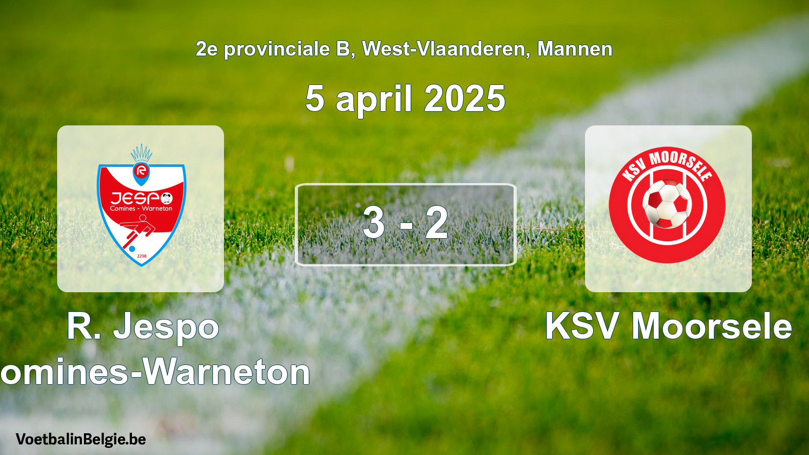 Gespeelde wedstrijd mannenvoetbal: R. Jespo Comines-Warneton - KSV Moorsele 3 - 2 (5 april 2025)