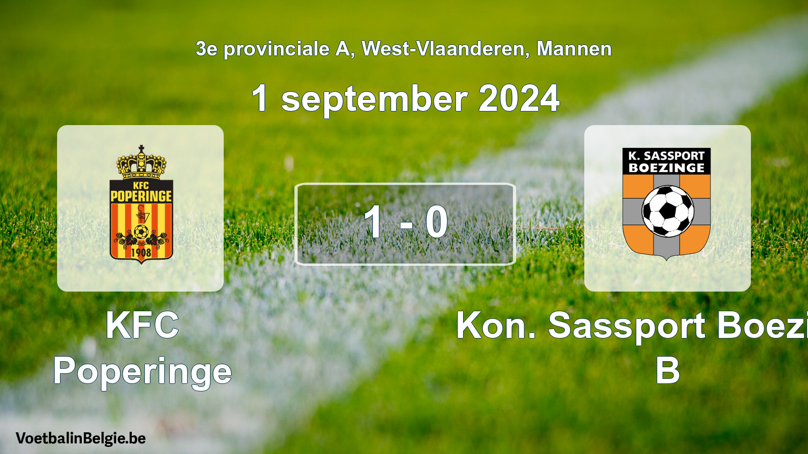 Gespeelde wedstrijd mannenvoetbal: KFC Poperinge - Kon. Sassport Boezinge B 1 - 0 (1 september 2024)
