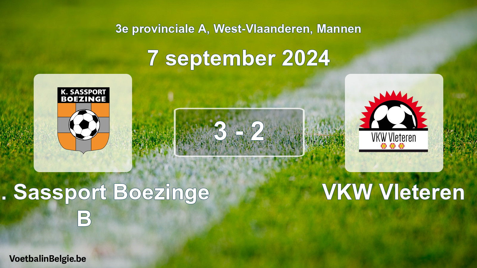 Gespeelde wedstrijd mannenvoetbal: Kon. Sassport Boezinge B - VKW Vleteren 3 - 2 (7 september 2024)