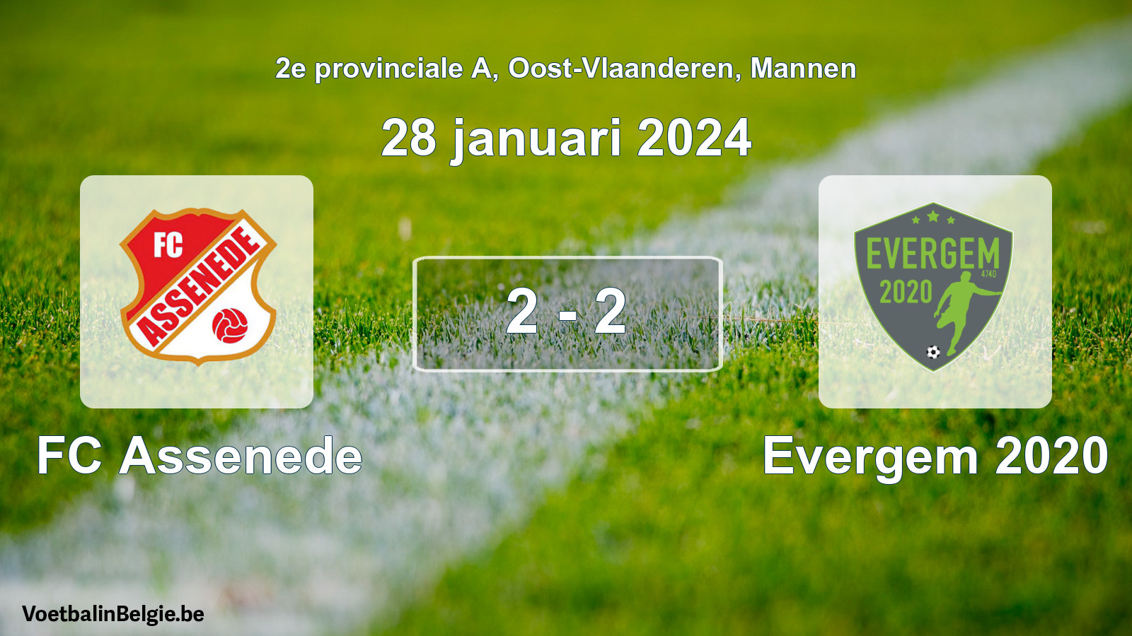 Match joué football hommes: FC Assenede - Evergem 2020 2 - 2 (28 janvier 2024)