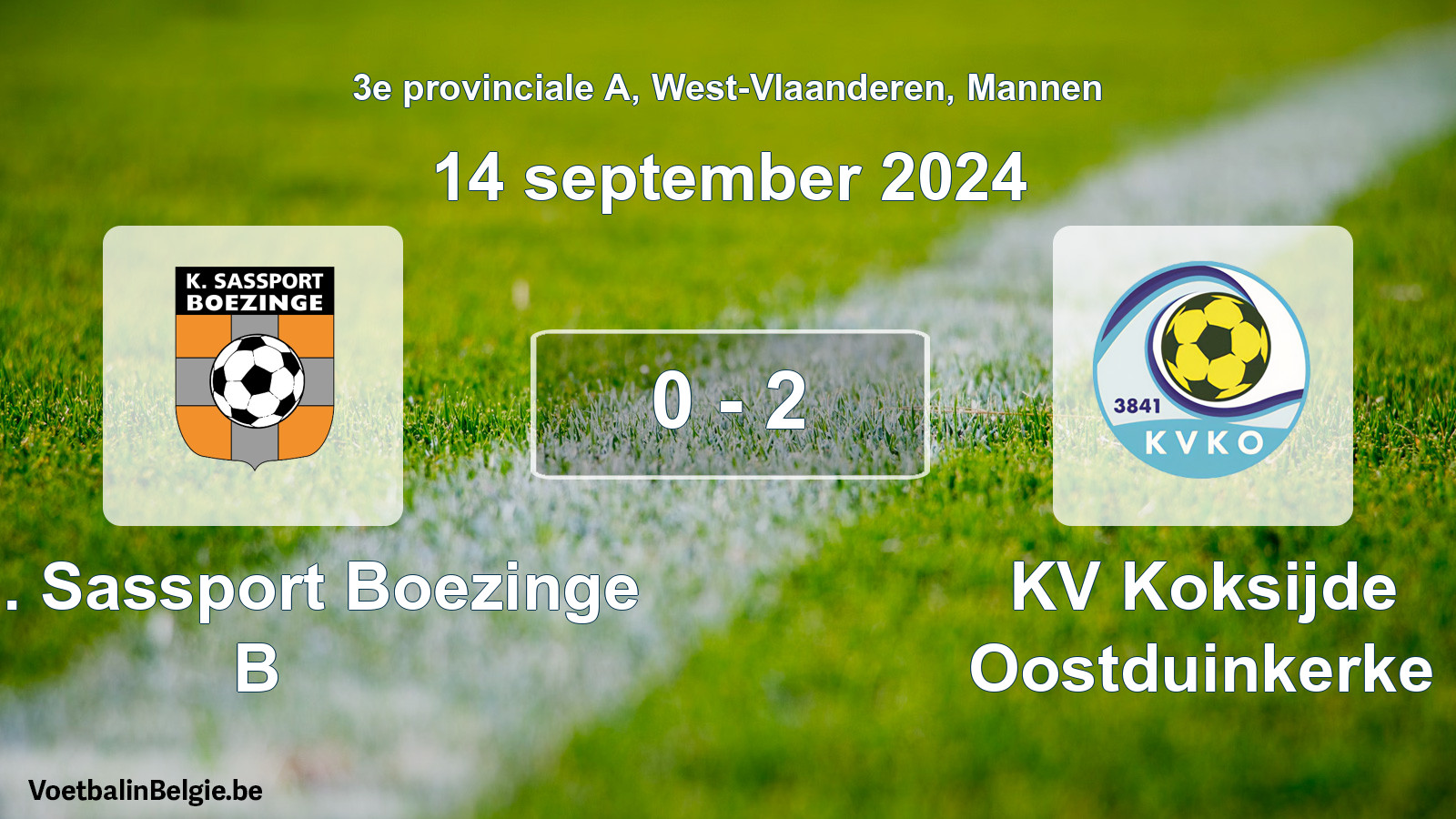 Gespeelde wedstrijd mannenvoetbal: Kon. Sassport Boezinge B - KV Koksijde Oostduinkerke 0 - 2 (14 september 2024)