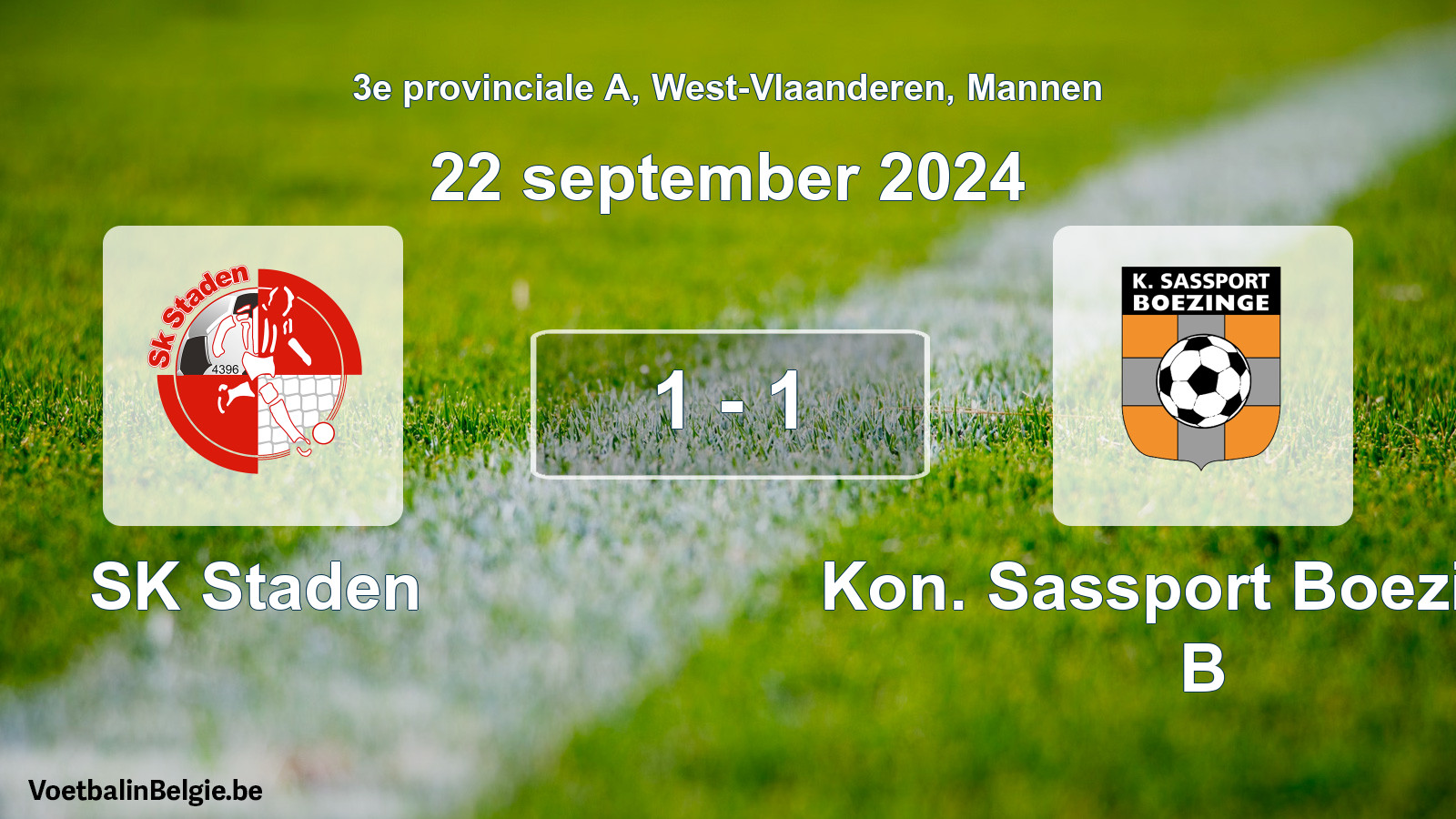 Gespeelde wedstrijd mannenvoetbal: SK Staden - Kon. Sassport Boezinge B 1 - 1 (22 september 2024)