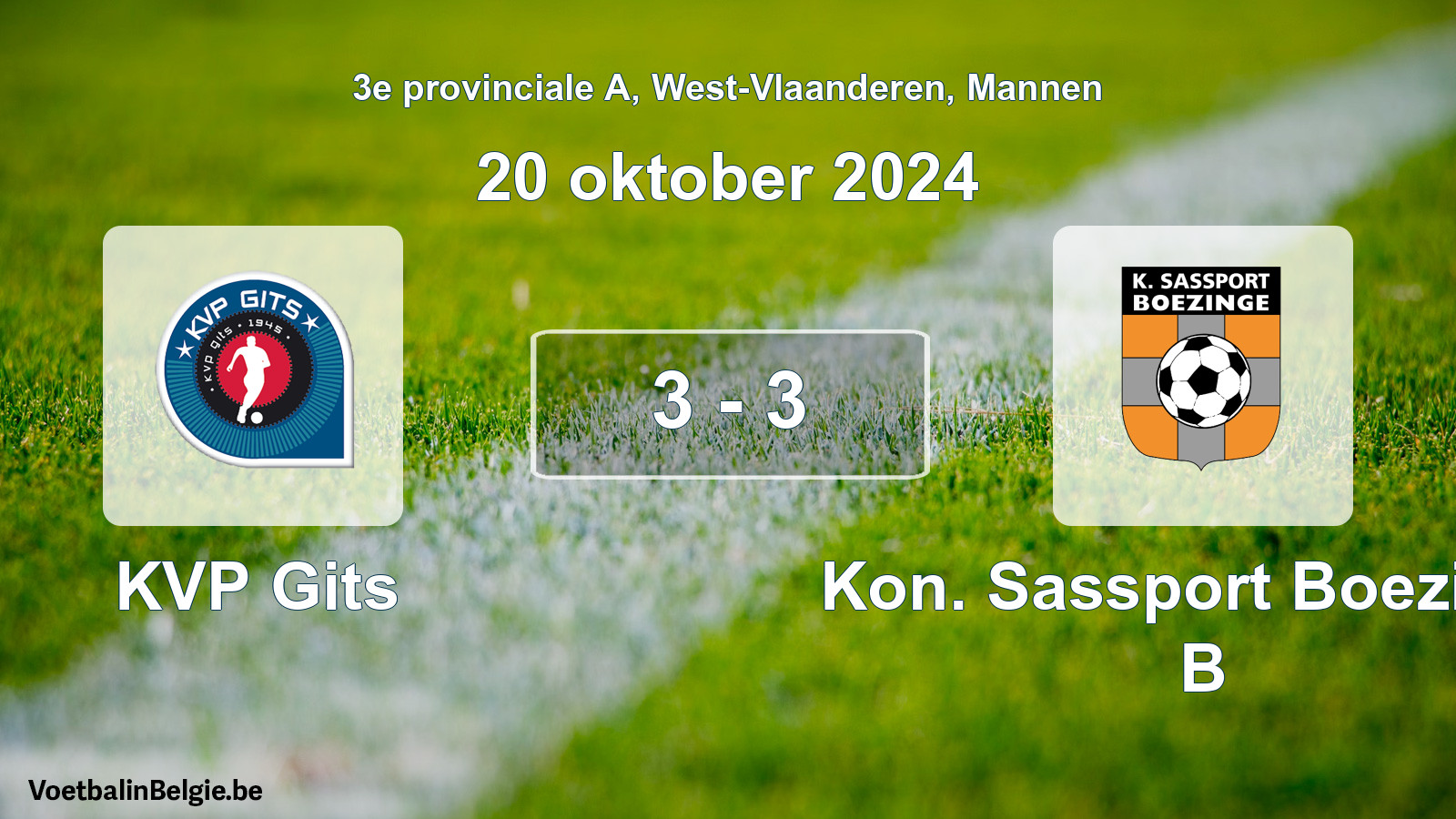 Gespeelde wedstrijd mannenvoetbal: KVP Gits - Kon. Sassport Boezinge B 3 - 3 (20 oktober 2024)