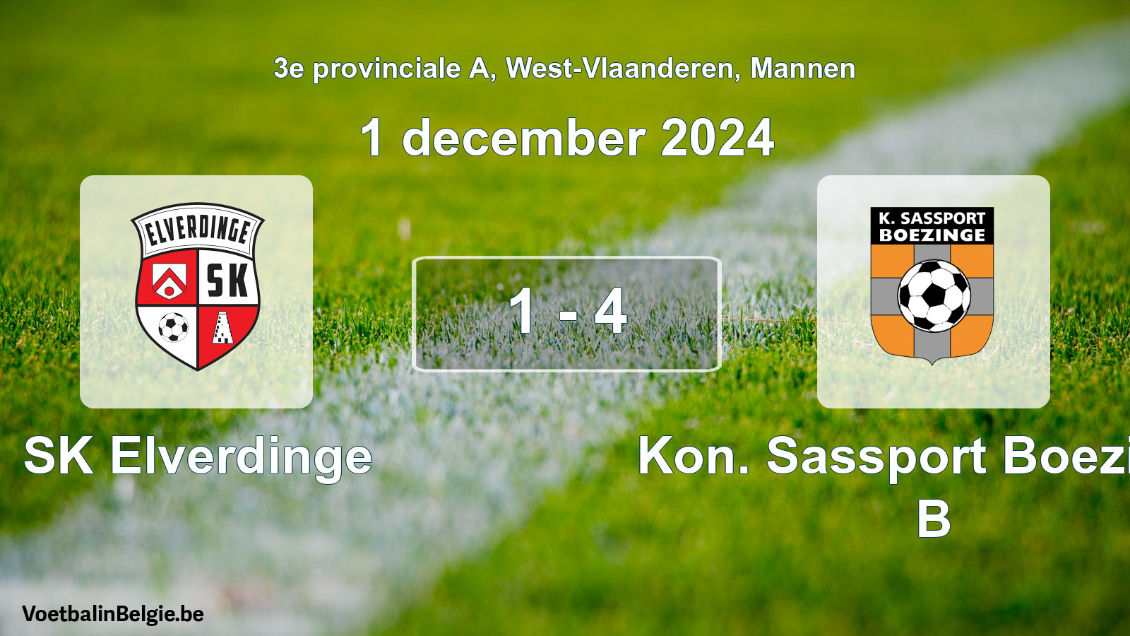 Gespeelde wedstrijd mannenvoetbal: SK Elverdinge - Kon. Sassport Boezinge B 1 - 4 (1 december 2024)