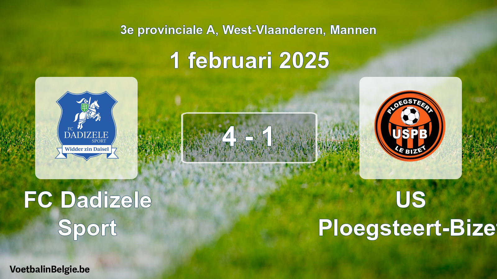 Gespeelde wedstrijd mannenvoetbal: FC Dadizele Sport - US Ploegsteert-Bizet 4 - 1 (1 februari 2025)