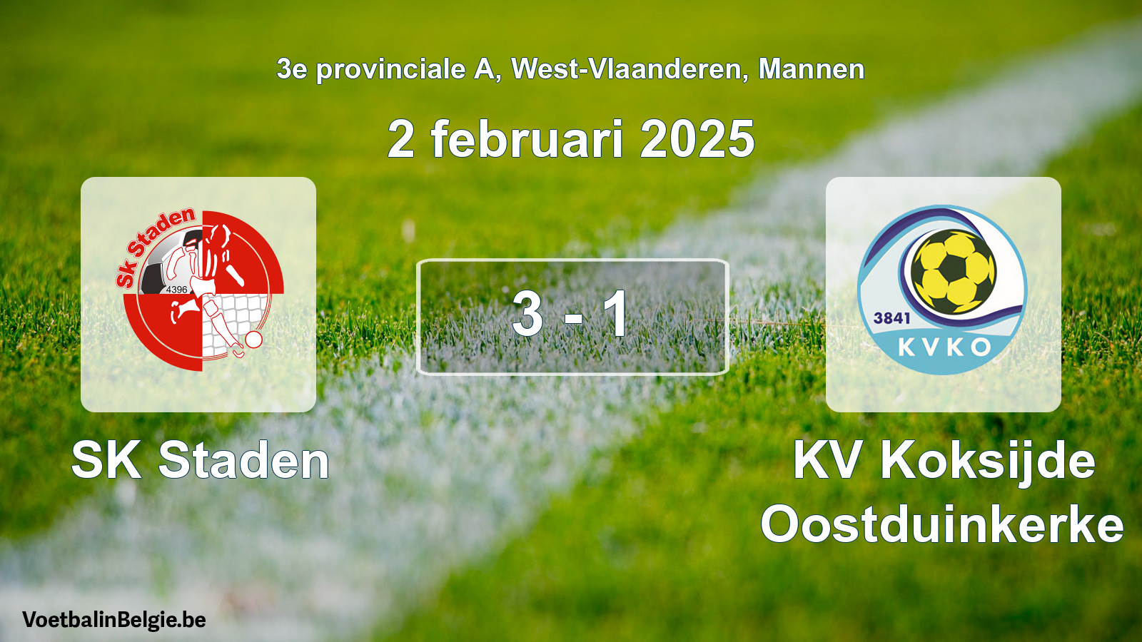 Gespeelde wedstrijd mannenvoetbal: SK Staden - KV Koksijde Oostduinkerke 3 - 1 (2 februari 2025)