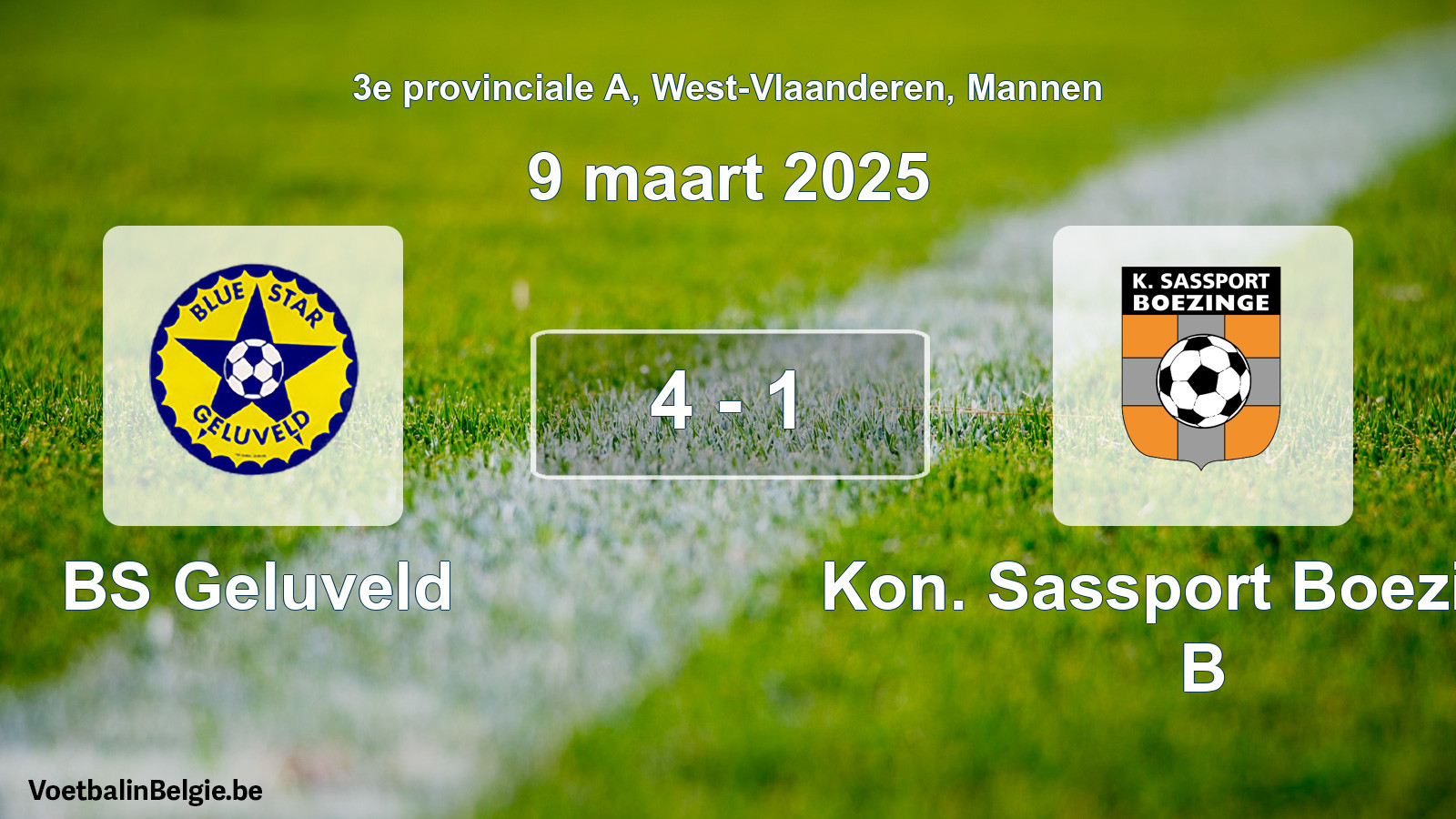 Gespeelde wedstrijd mannenvoetbal: BS Geluveld - Kon. Sassport Boezinge B 4 - 1 (9 maart 2025)