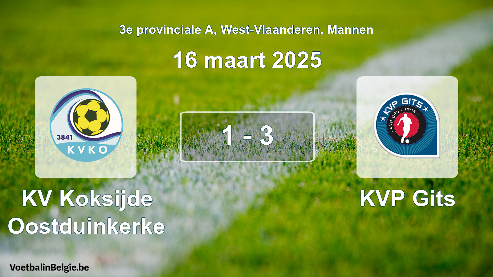 Gespeelde wedstrijd mannenvoetbal: KV Koksijde Oostduinkerke - KVP Gits 1 - 3 (16 maart 2025)