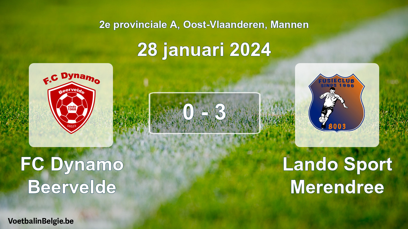 Gespeelde wedstrijd mannenvoetbal: FC Dynamo Beervelde - Lando Sport Merendree 0 - 3 (28 januari 2024)