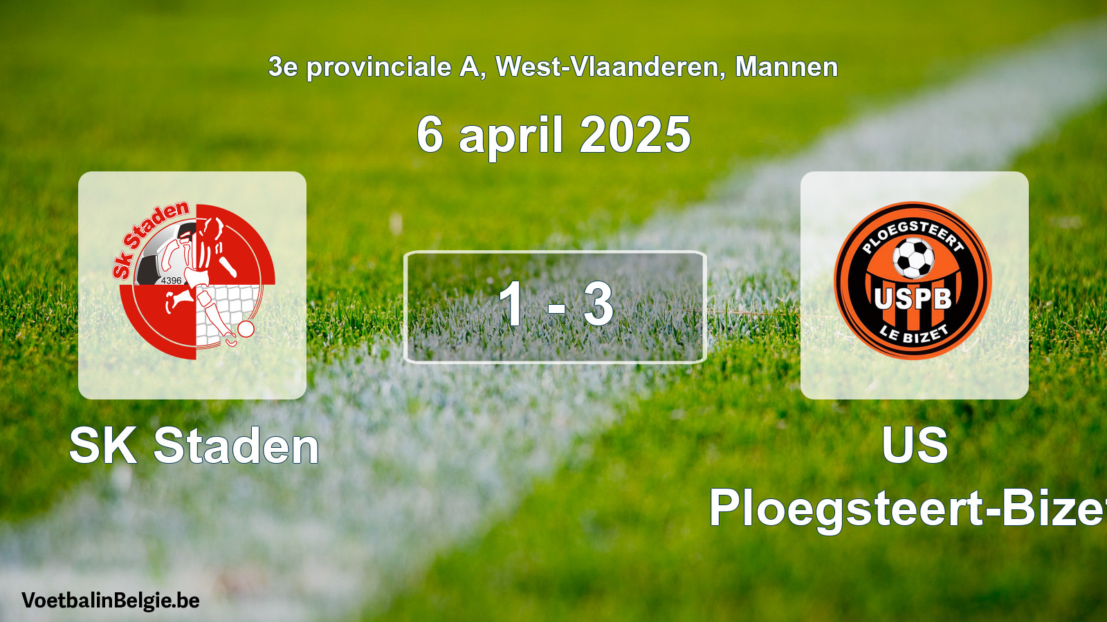 Gespeelde wedstrijd mannenvoetbal: SK Staden - US Ploegsteert-Bizet 1 - 3 (6 april 2025)