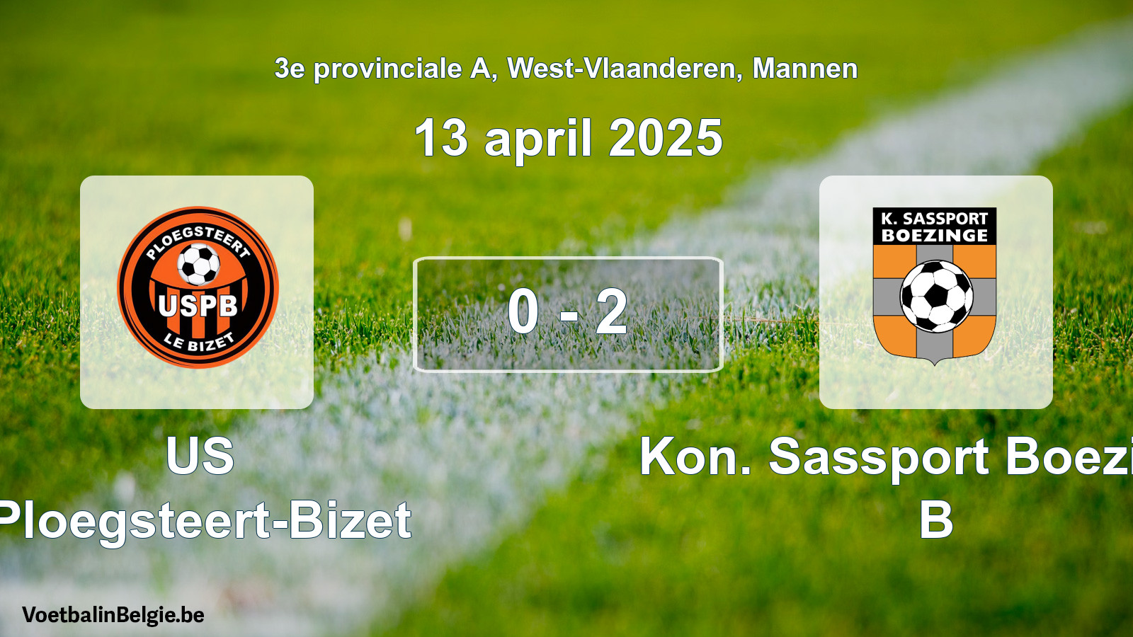 Gespeelde wedstrijd mannenvoetbal: US Ploegsteert-Bizet - Kon. Sassport Boezinge B 0 - 2 (13 april 2025)