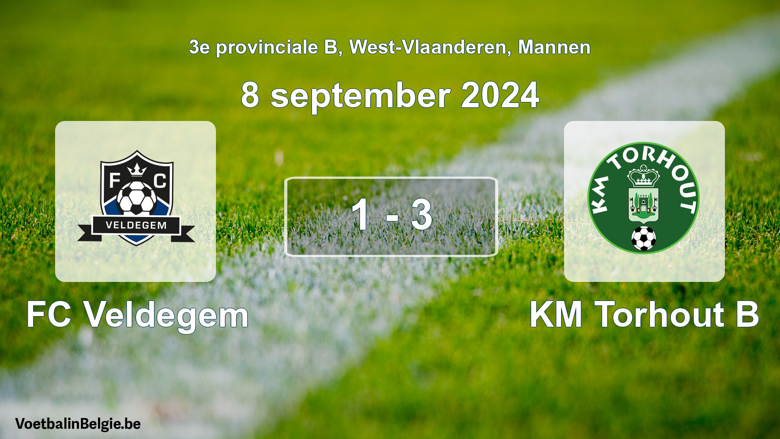 Gespeelde wedstrijd mannenvoetbal: FC Veldegem - KM Torhout B 1 - 3 (8 september 2024)