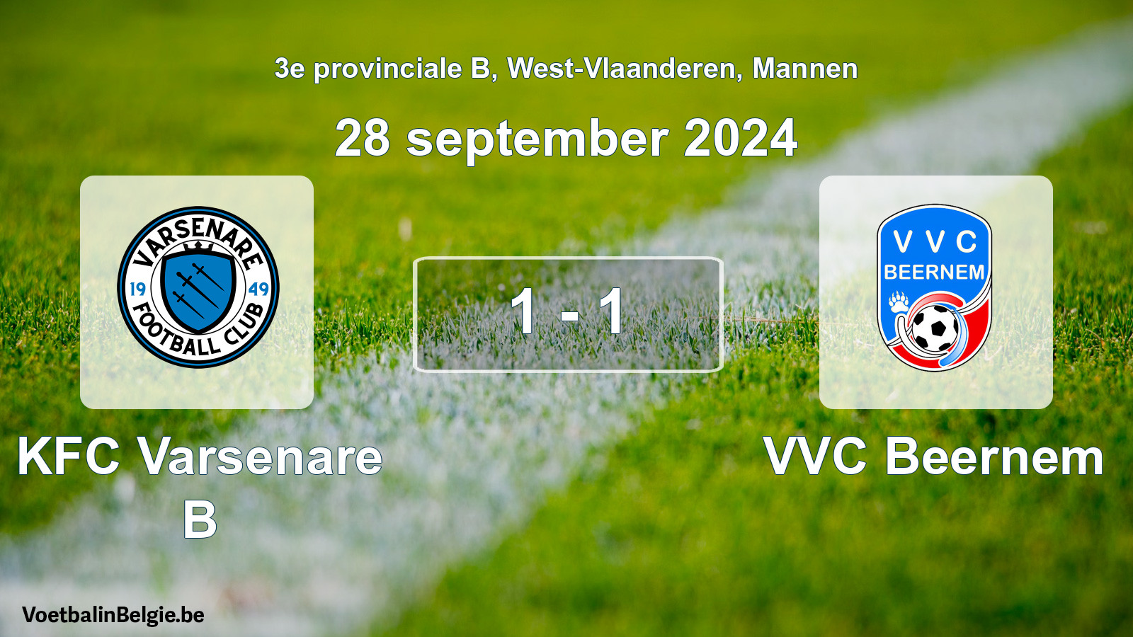 Gespeelde wedstrijd mannenvoetbal: KFC Varsenare B - VVC Beernem 1 - 1 (28 september 2024)