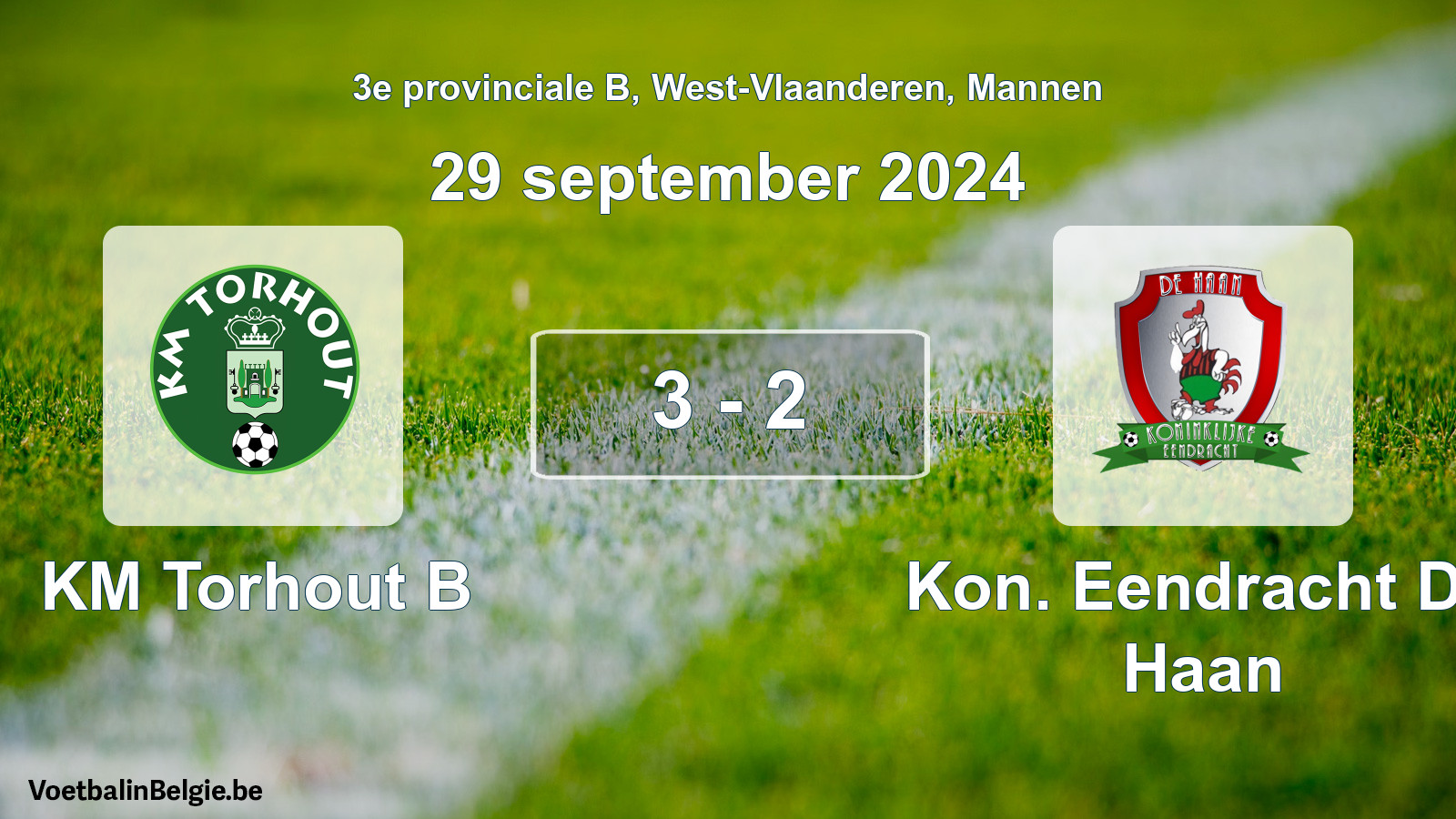 Gespeelde wedstrijd mannenvoetbal: KM Torhout B - Kon. Eendracht De Haan 3 - 2 (29 september 2024)