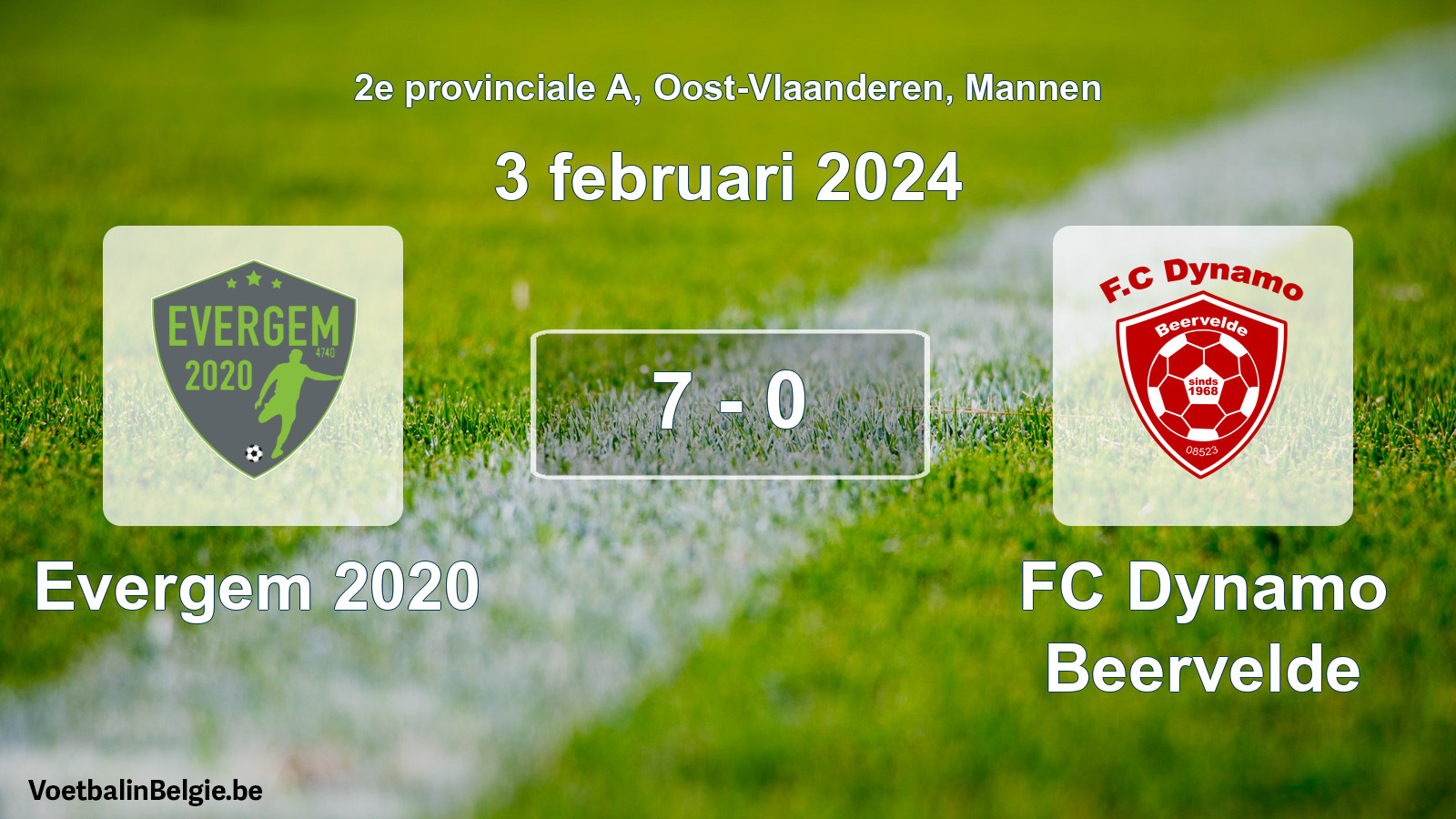 Gespeelde wedstrijd mannenvoetbal: Evergem 2020 - FC Dynamo Beervelde 7 - 0 (3 februari 2024)