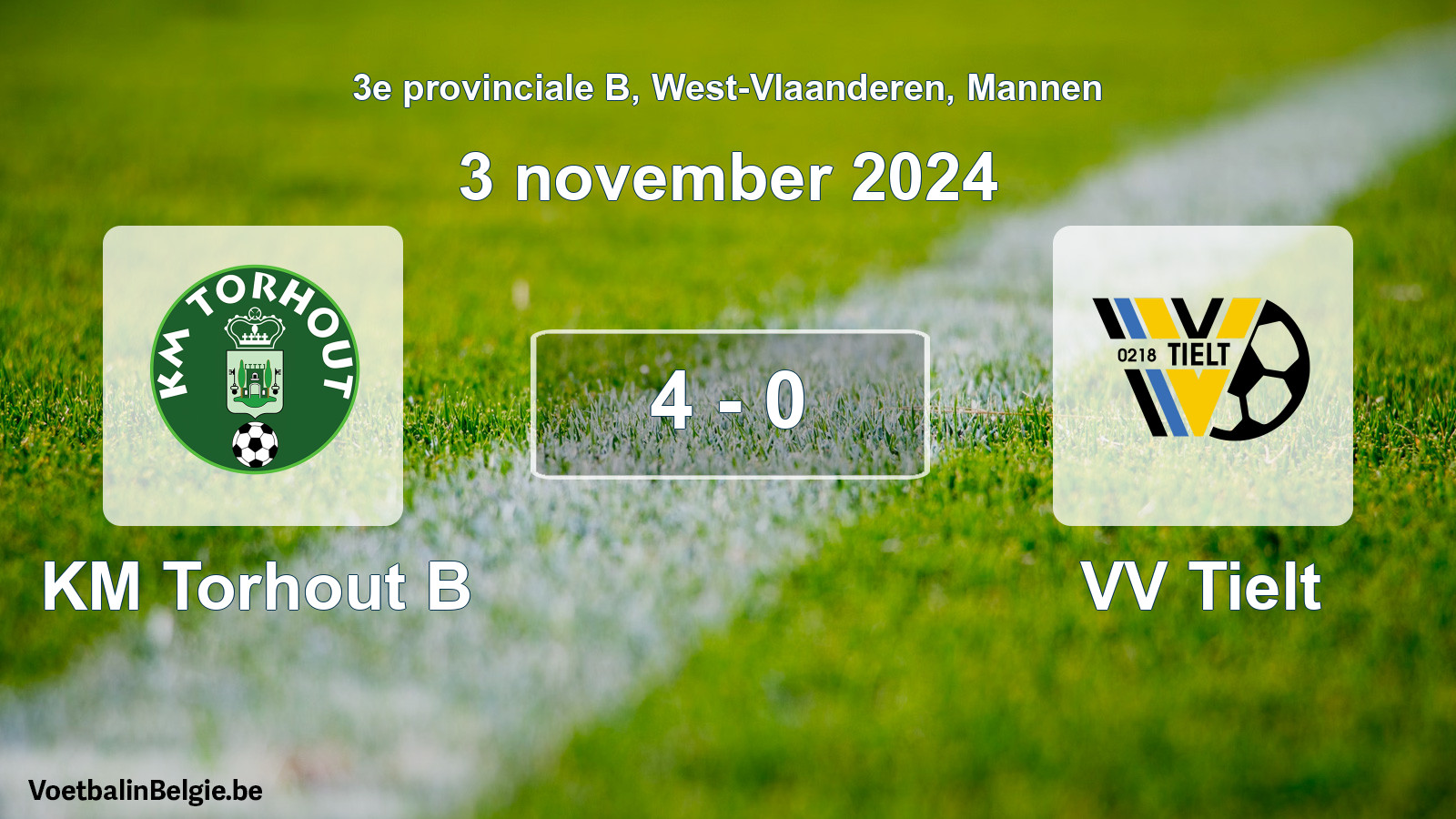 Gespeelde wedstrijd mannenvoetbal: KM Torhout B - VV Tielt 4 - 0 (3 november 2024)
