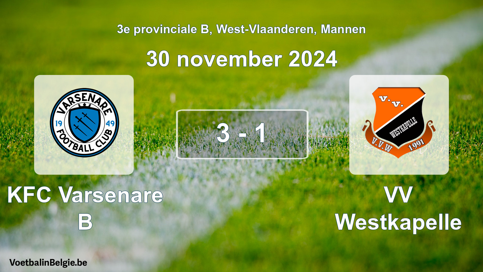 Gespeelde wedstrijd mannenvoetbal: KFC Varsenare B - VV Westkapelle 3 - 1 (30 november 2024)