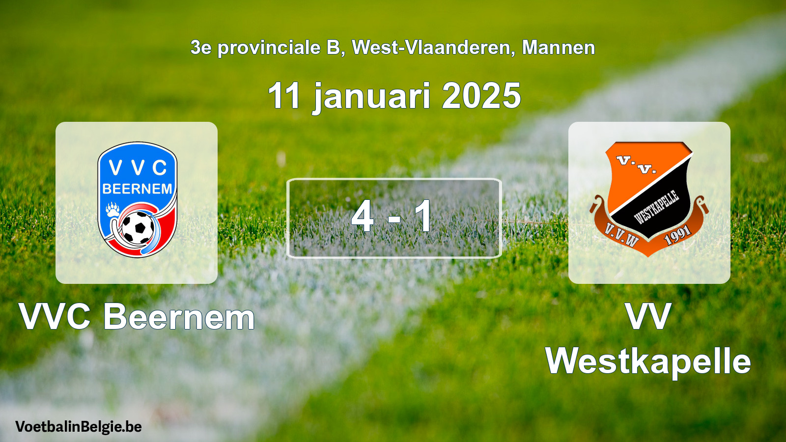 Gespeelde wedstrijd mannenvoetbal: VVC Beernem - VV Westkapelle 4 - 1 (11 januari 2025)