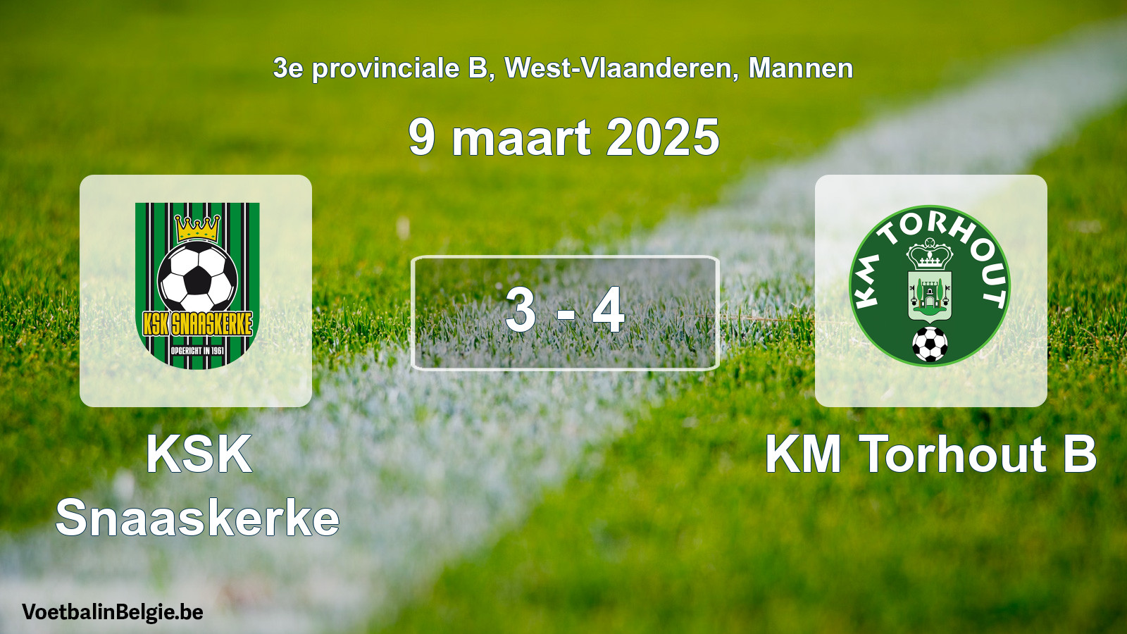 Gespeelde wedstrijd mannenvoetbal: KSK Snaaskerke - KM Torhout B 3 - 4 (9 maart 2025)