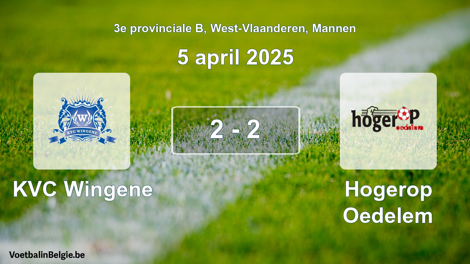 Gespeelde wedstrijd mannenvoetbal: KVC Wingene - Hogerop Oedelem 2 - 2 (5 april 2025)