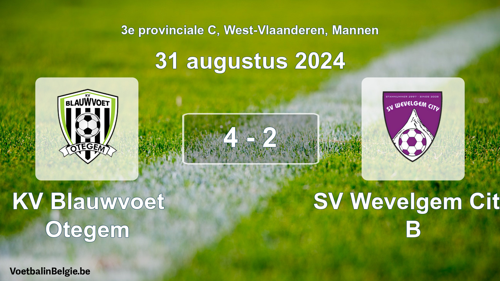 Gespeelde wedstrijd mannenvoetbal: KV Blauwvoet Otegem - SV Wevelgem City B 4 - 2 (31 augustus 2024)