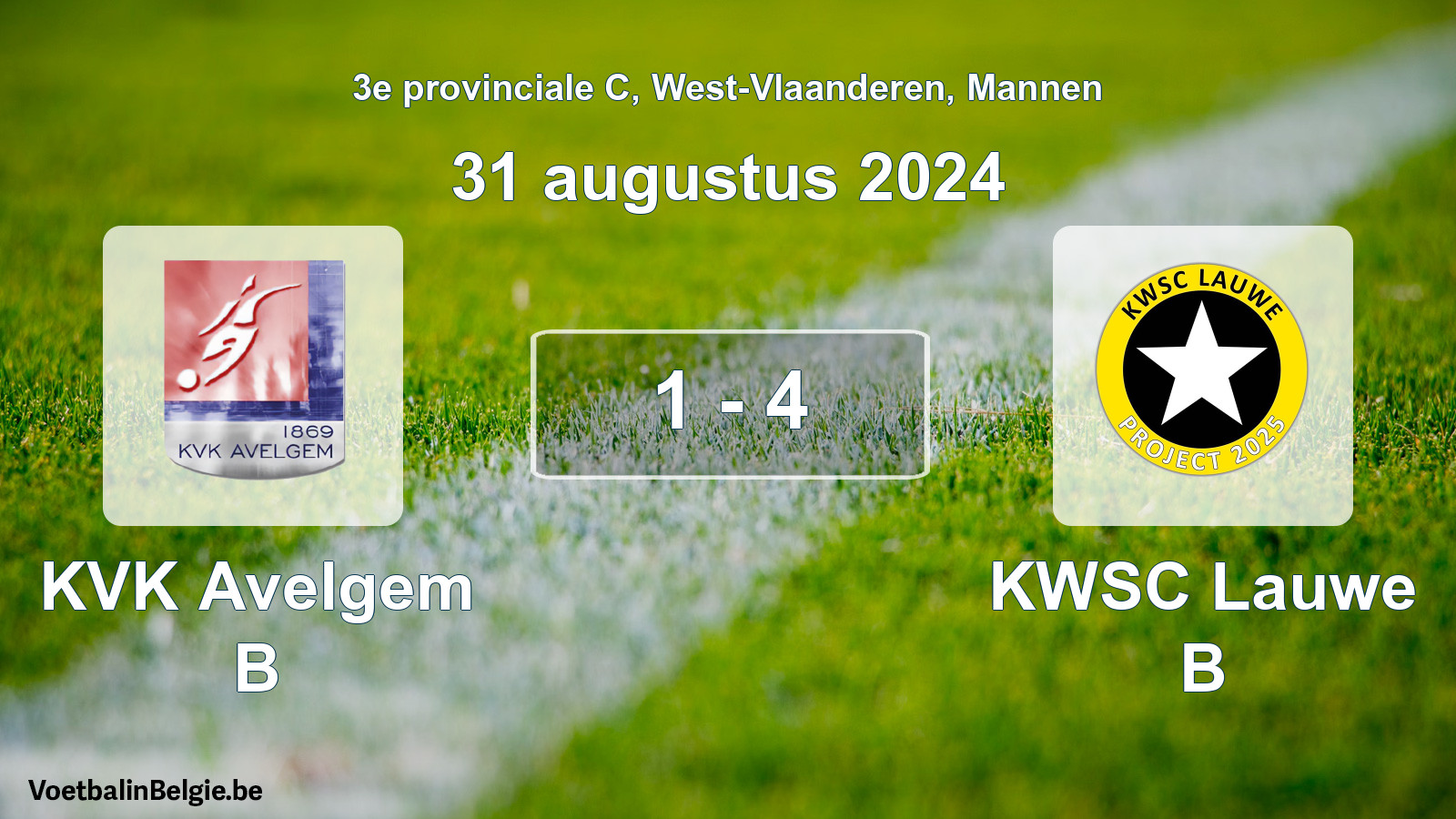 Gespeelde wedstrijd mannenvoetbal: KVK Avelgem B - KWSC Lauwe B 1 - 4 (31 augustus 2024)