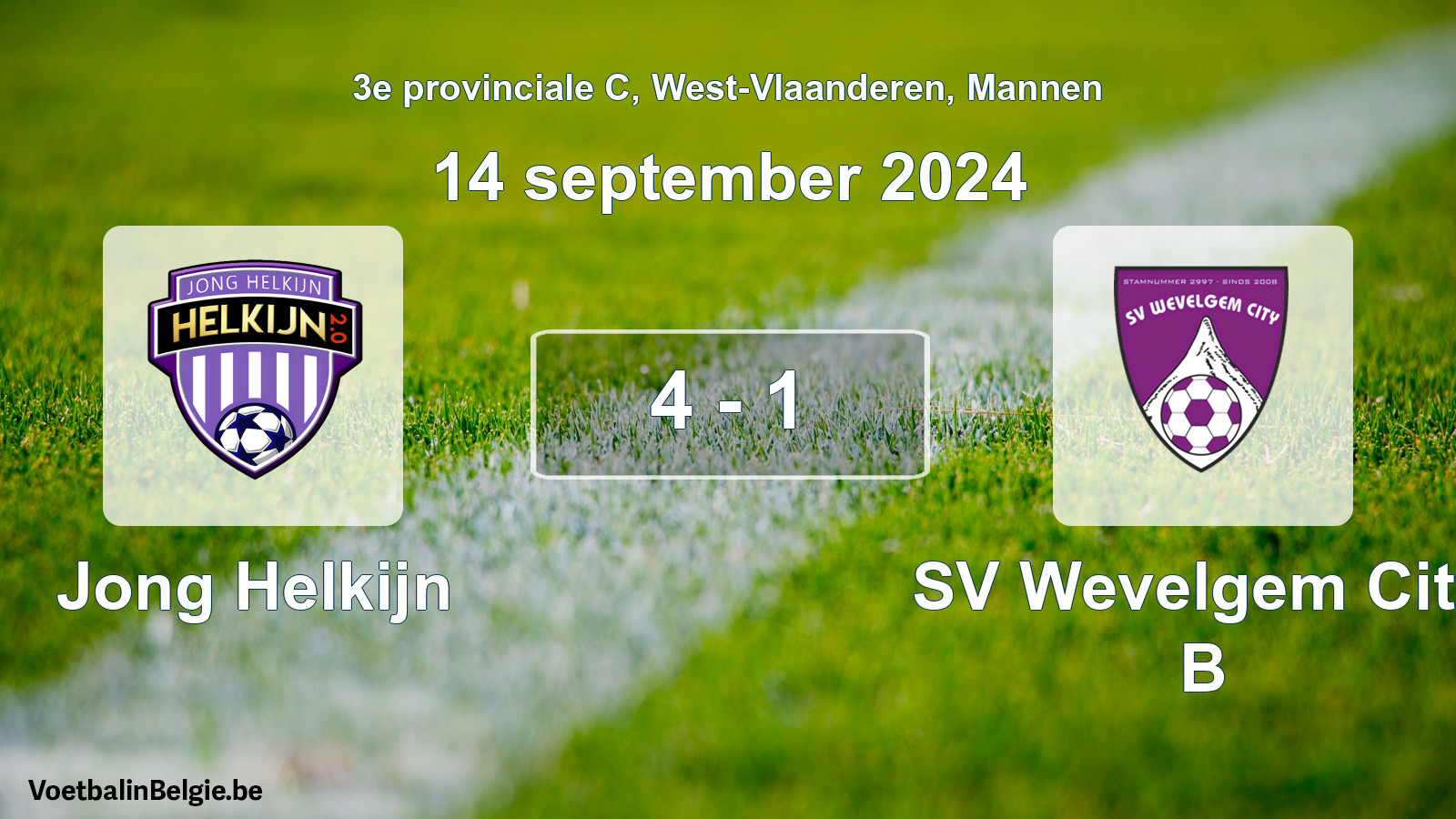 Gespeelde wedstrijd mannenvoetbal: Jong Helkijn - SV Wevelgem City B 4 - 1 (14 september 2024)