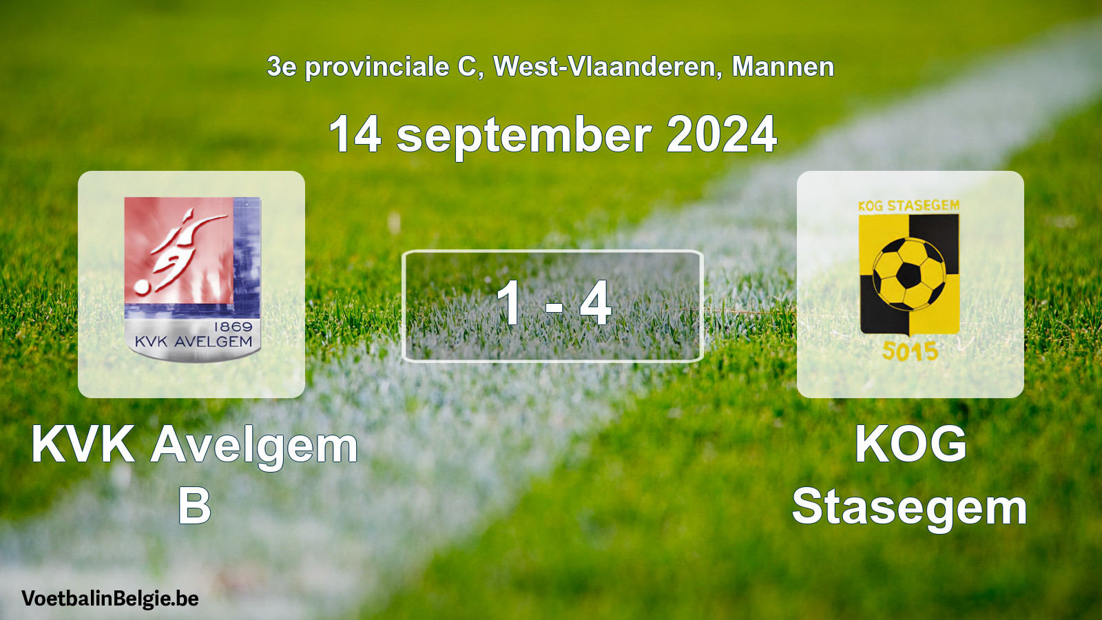 Gespeelde wedstrijd mannenvoetbal: KVK Avelgem B - KOG Stasegem 1 - 4 (14 september 2024)