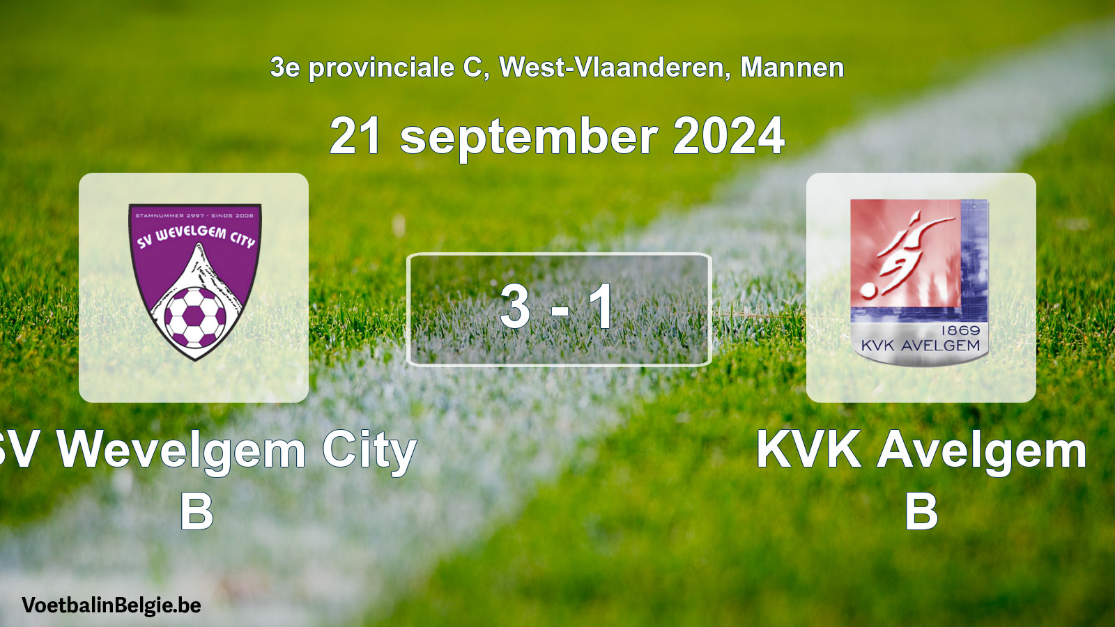 Gespeelde wedstrijd mannenvoetbal: SV Wevelgem City B - KVK Avelgem B 3 - 1 (21 september 2024)