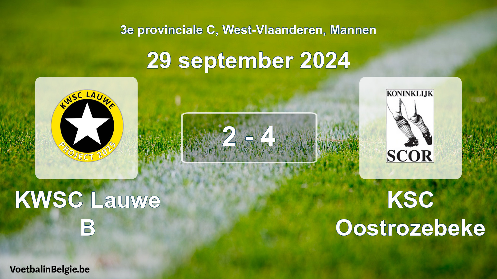 Gespeelde wedstrijd mannenvoetbal: KWSC Lauwe B - KSC Oostrozebeke 2 - 4 (29 september 2024)