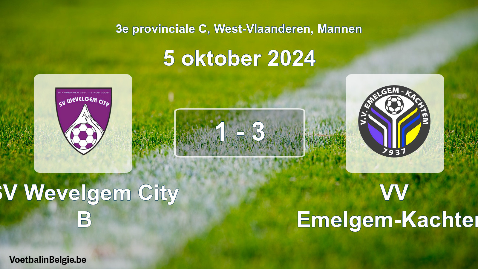 Gespeelde wedstrijd mannenvoetbal: SV Wevelgem City B - VV Emelgem-Kachtem 1 - 3 (5 oktober 2024)