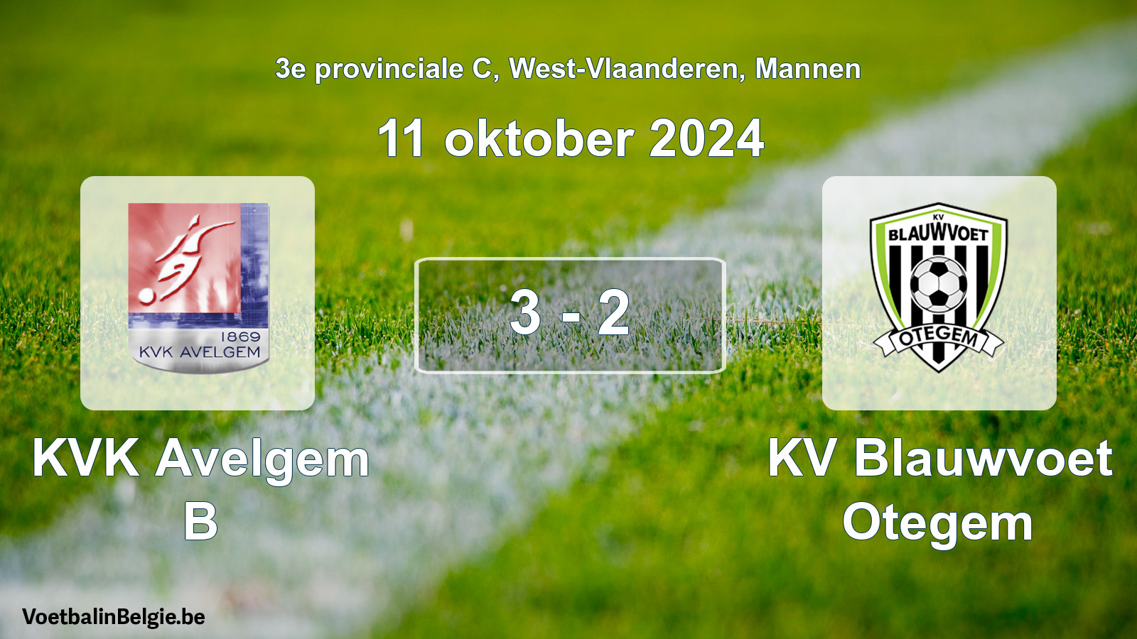 Gespeelde wedstrijd mannenvoetbal: KVK Avelgem B - KV Blauwvoet Otegem 3 - 2 (11 oktober 2024)