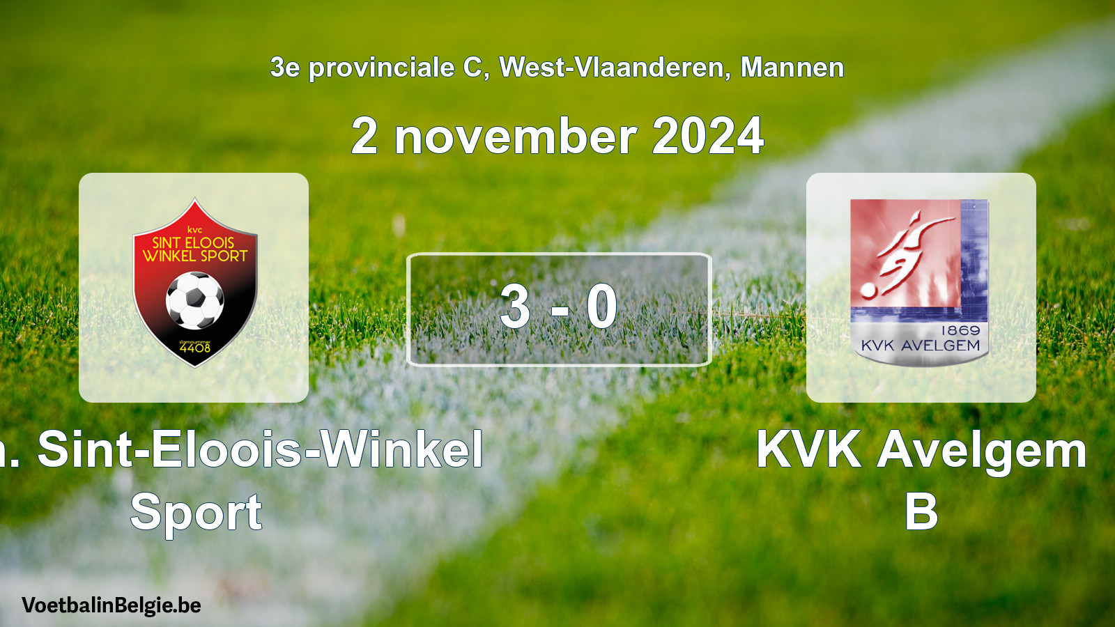 Gespeelde wedstrijd mannenvoetbal: Kon. Sint-Eloois-Winkel Sport - KVK Avelgem B 3 - 0 (2 november 2024)