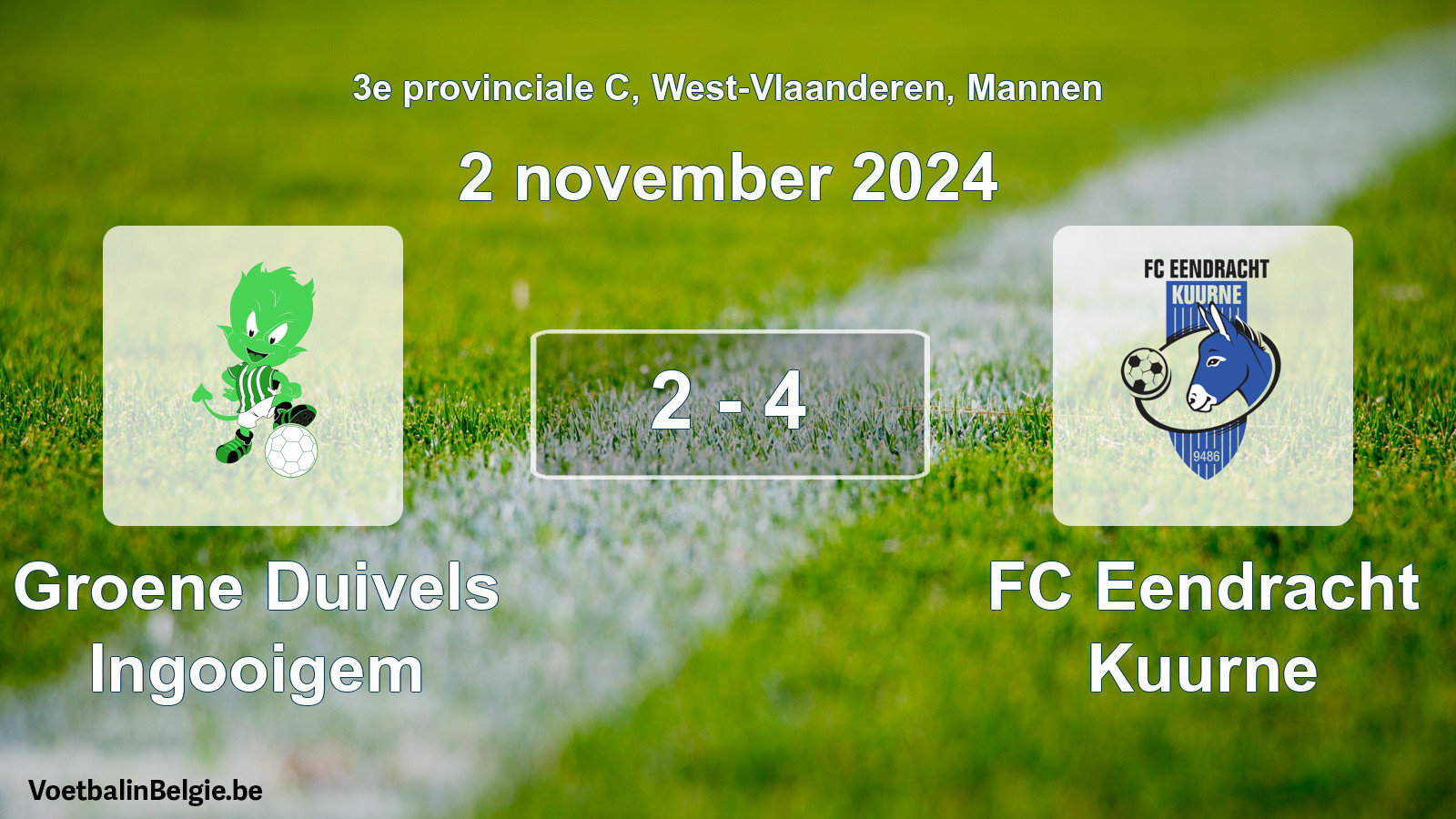Gespeelde wedstrijd mannenvoetbal: Groene Duivels Ingooigem - FC Eendracht Kuurne 2 - 4 (2 november 2024)