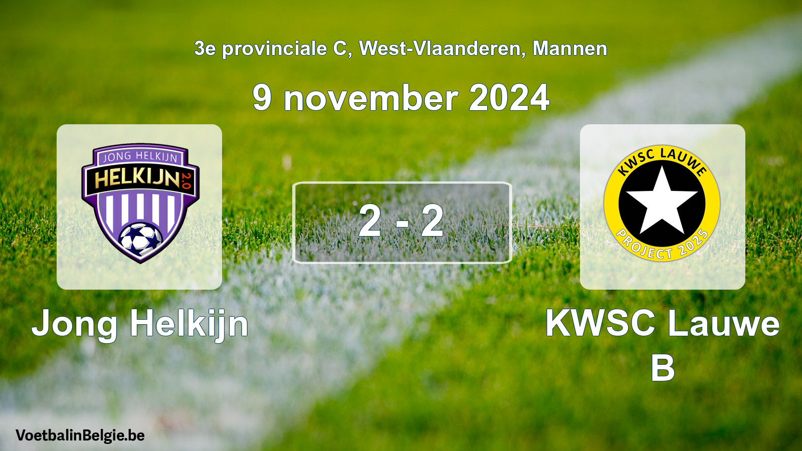 Gespeelde wedstrijd mannenvoetbal: Jong Helkijn - KWSC Lauwe B 2 - 2 (9 november 2024)