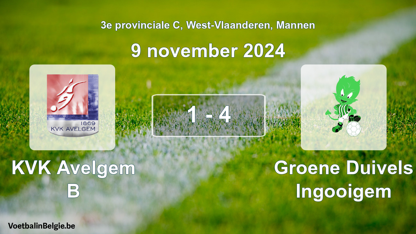 Gespeelde wedstrijd mannenvoetbal: KVK Avelgem B - Groene Duivels Ingooigem 1 - 4 (9 november 2024)