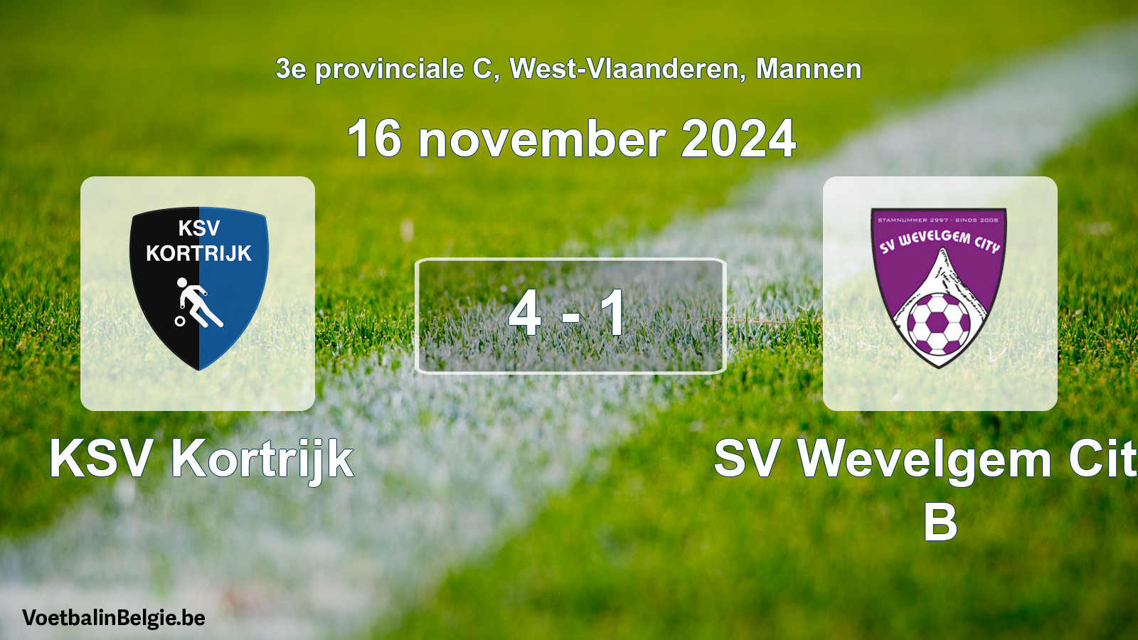 Gespeelde wedstrijd mannenvoetbal: KSV Kortrijk - SV Wevelgem City B 4 - 1 (16 november 2024)