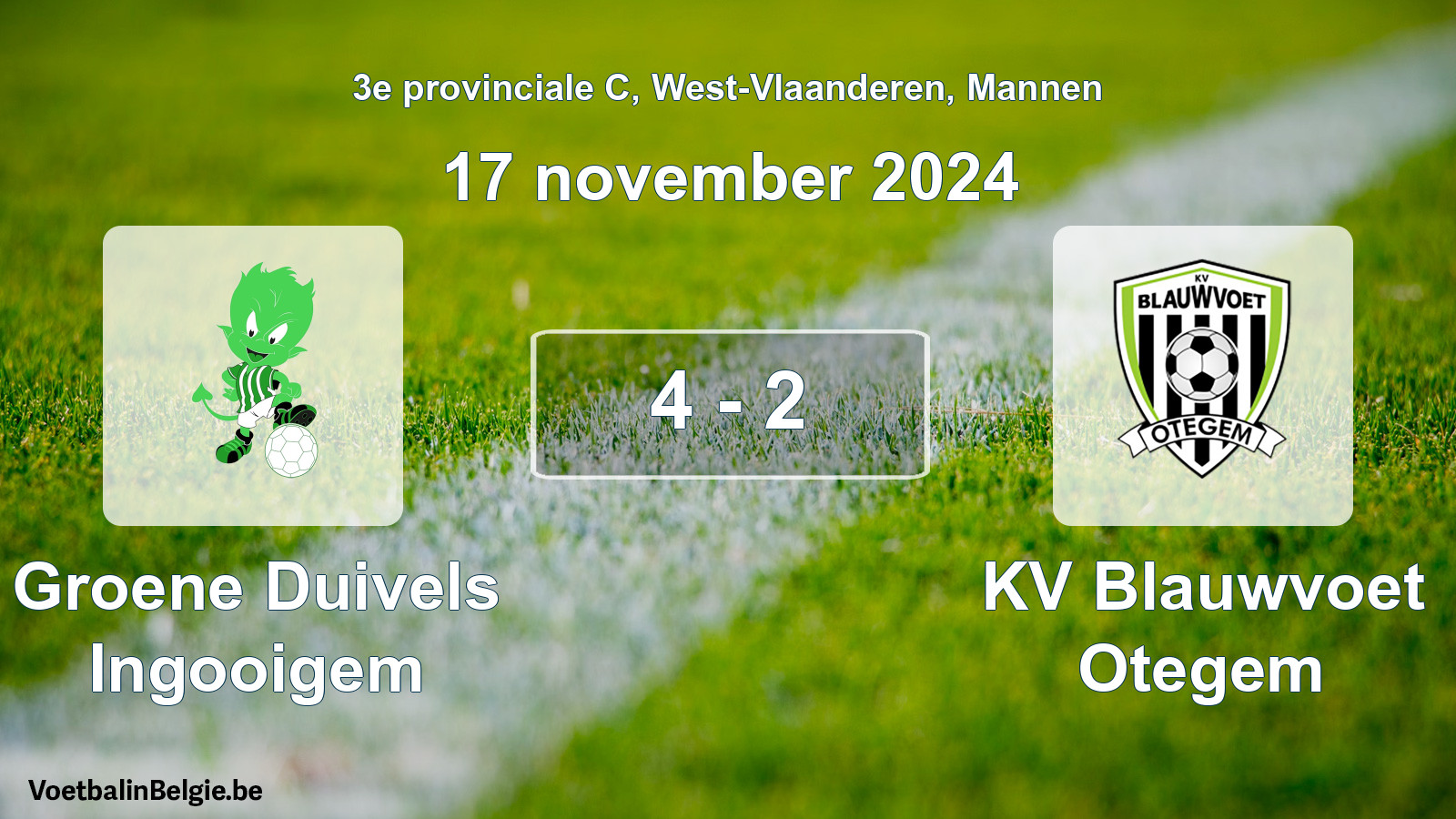 Gespeelde wedstrijd mannenvoetbal: Groene Duivels Ingooigem - KV Blauwvoet Otegem 4 - 2 (17 november 2024)